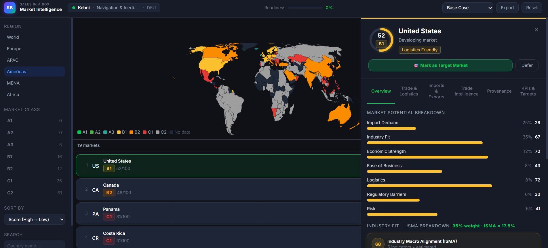 Sales in a Box market intelligence world map with country rankings and evidence